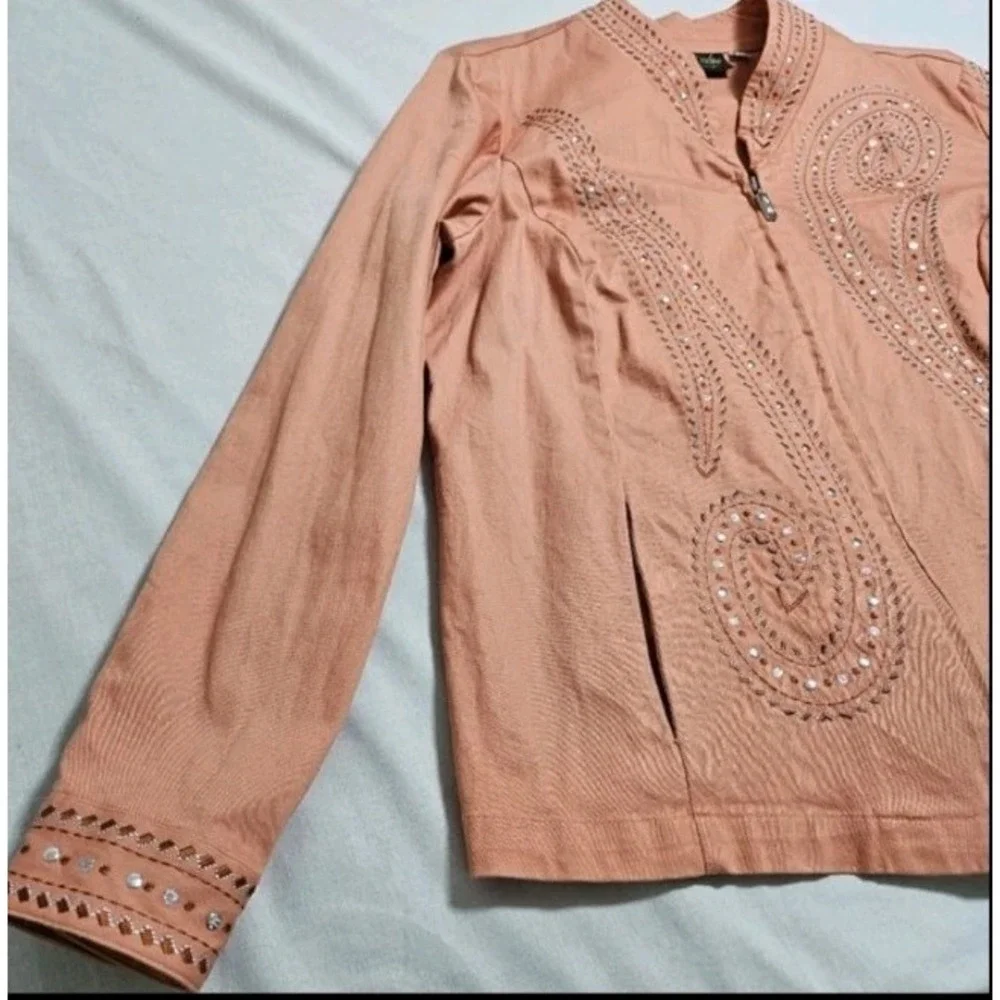 Bob Mackie Womens Embellished Jacket Wearable Art Southwestern‎ Cotton Orange XL